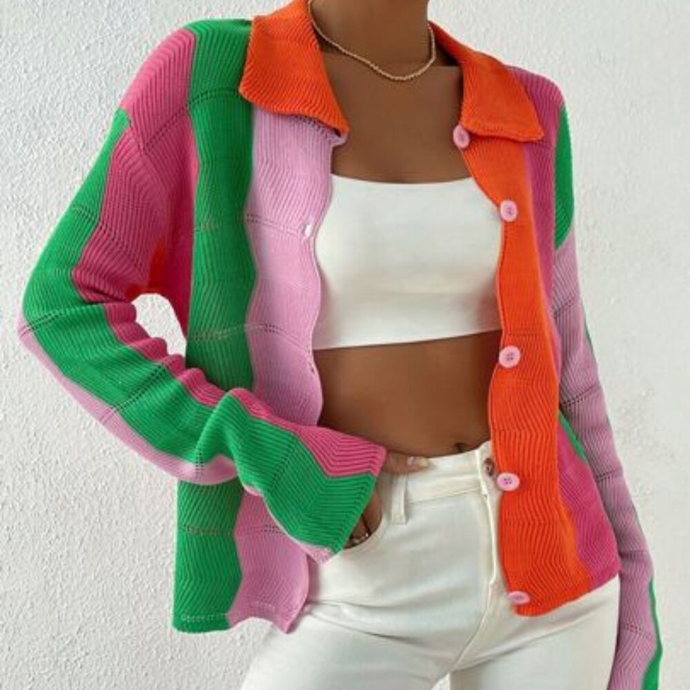 NEW - SHEIN EZwear ZigZag Color Block Button Front Cardigan – XS